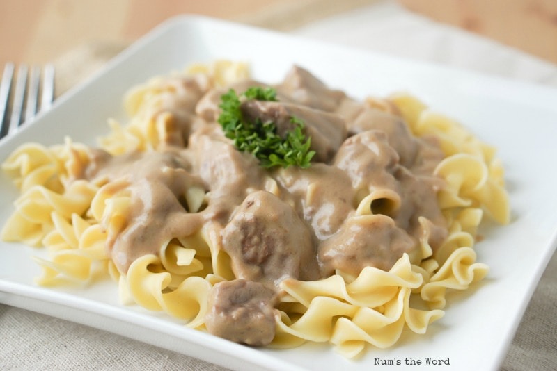 Crock Pot Beef Stroganoff - Stroganoff over noodles. photo taken from side.