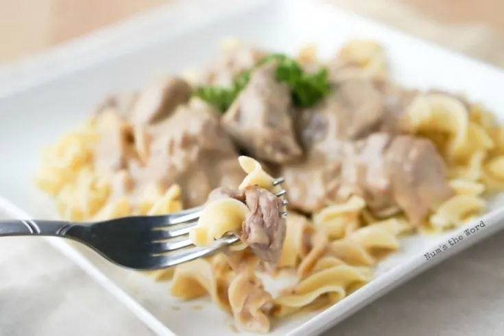 Crock Pot Beef Stroganoff - fork full of noodles and stroganoff with plate of stroganoff in background.