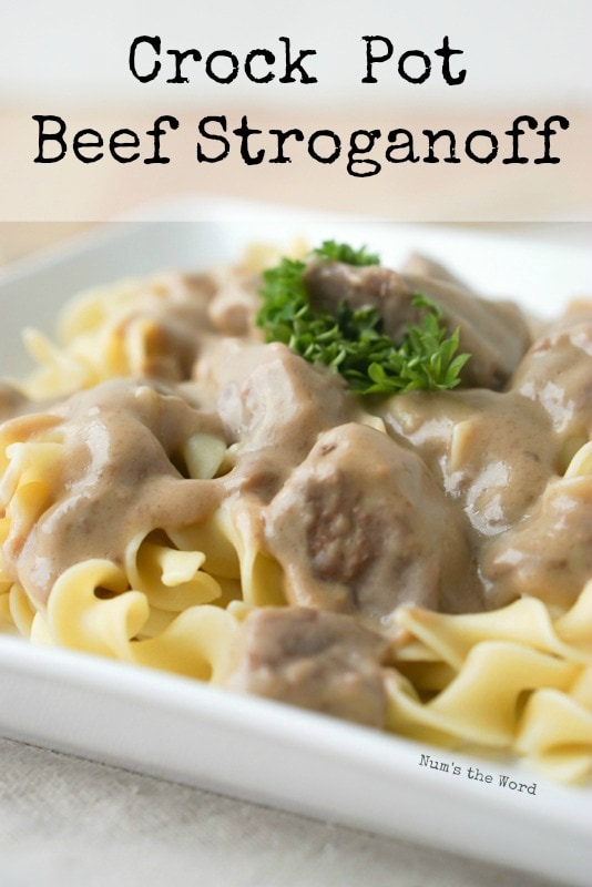 Crock Pot Beef Stroganoff - main image for recipe of stroganoff on plate over egg noodles.