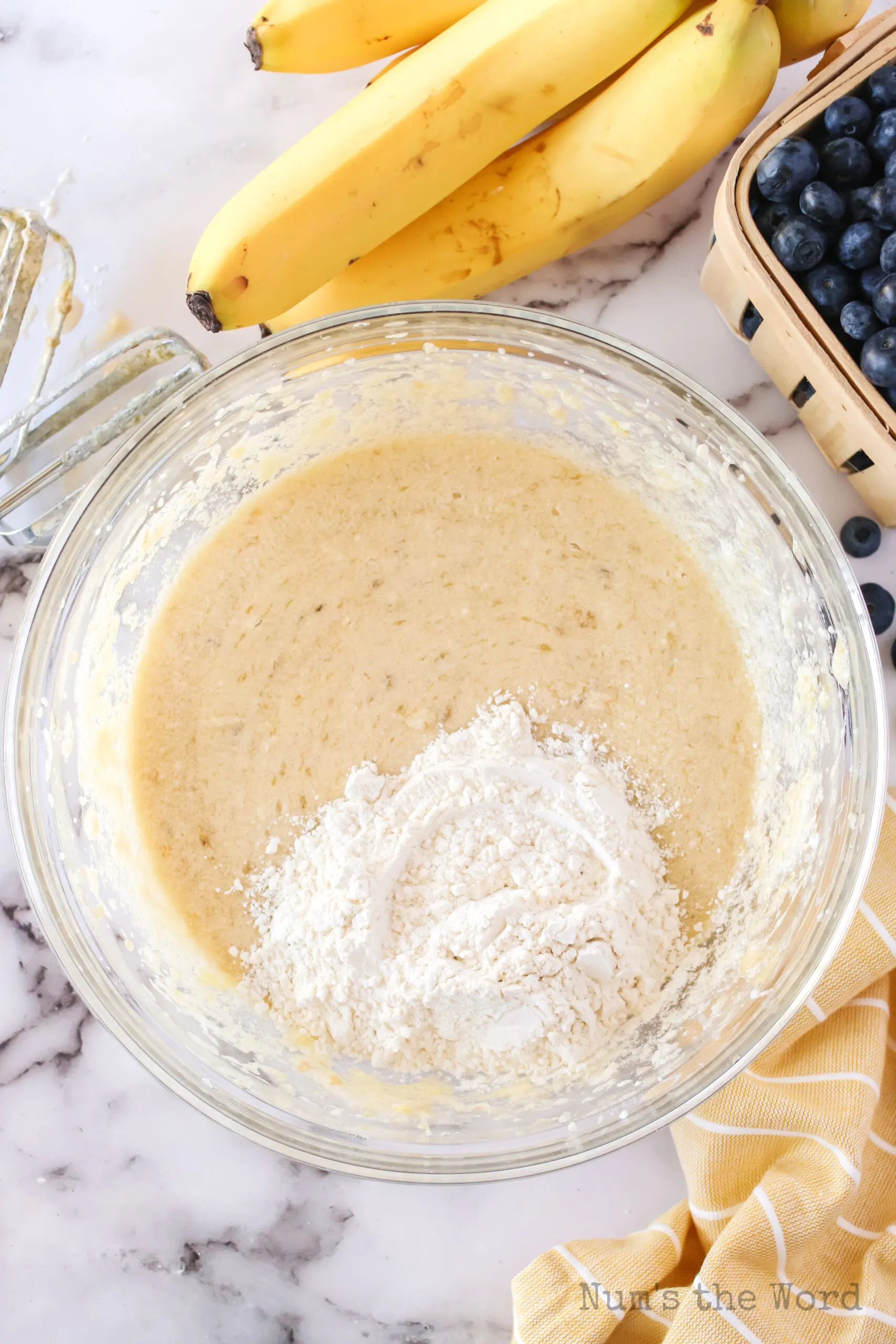 salt, baking soda and flour added to banana mixture