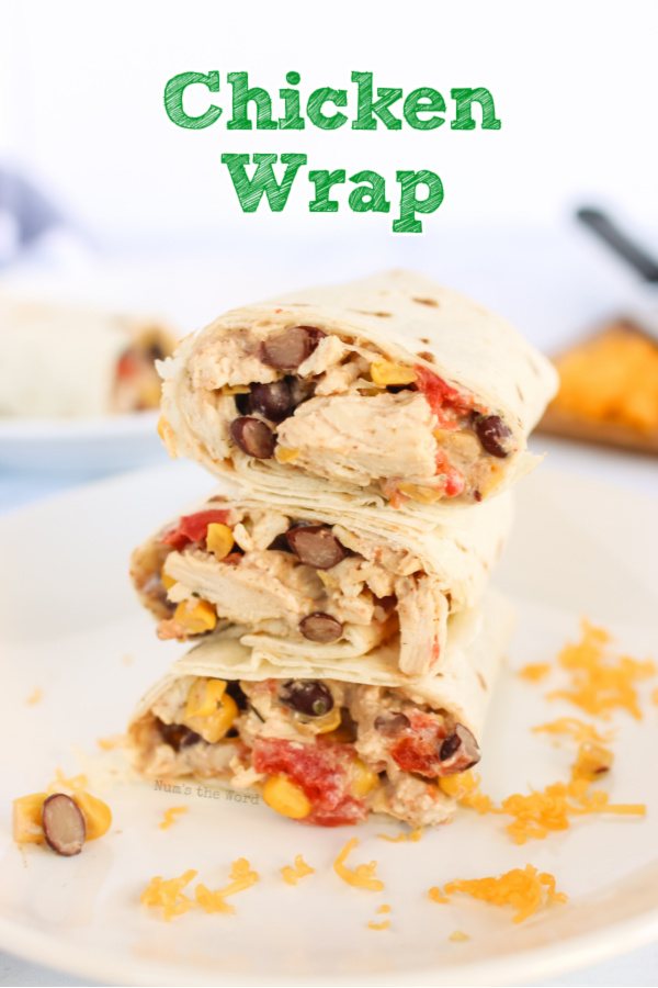 main image for recipe of 3 half chicken wraps stacked on top of each other.