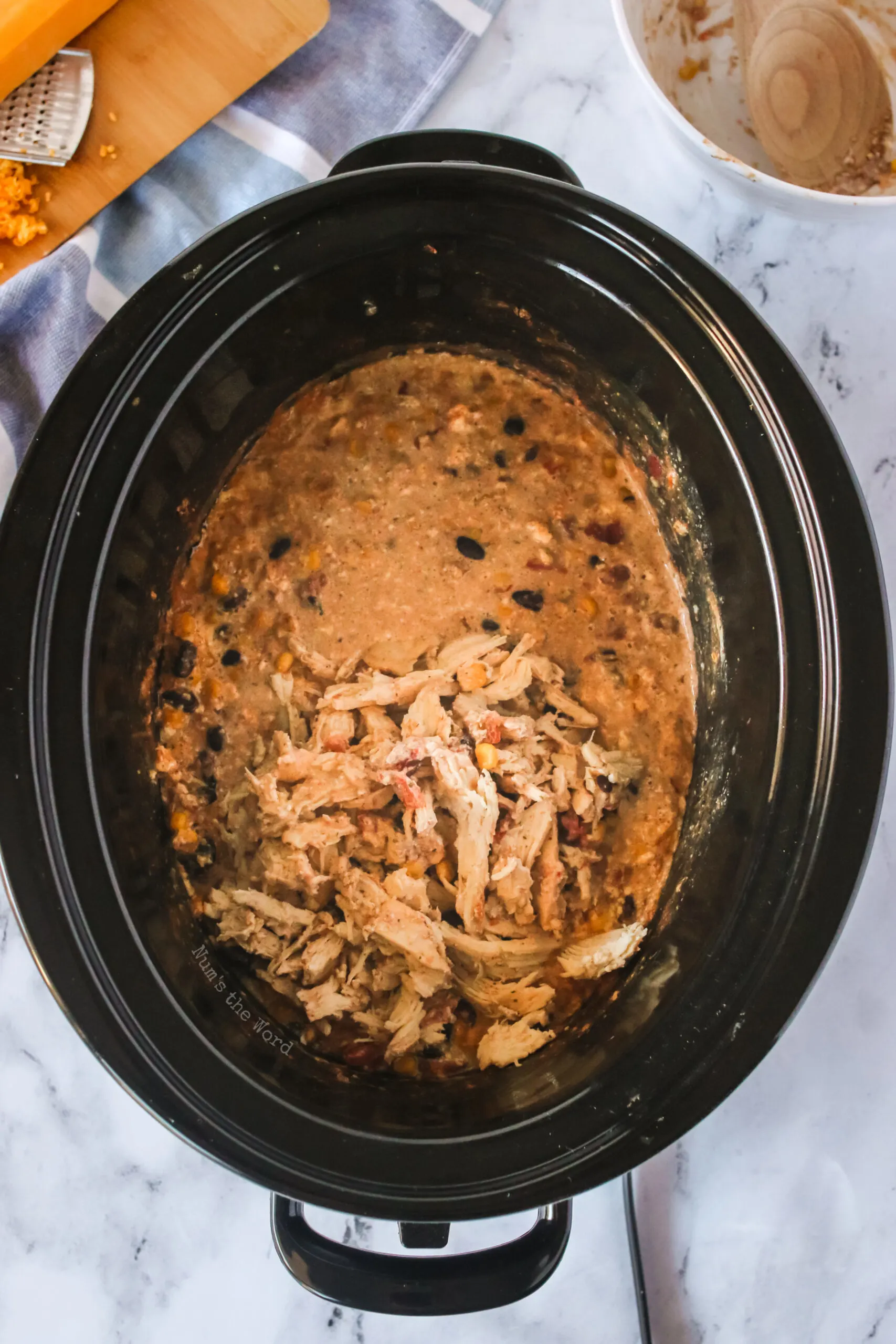 all ingredients in crockpot, cooked with shredded chicken.