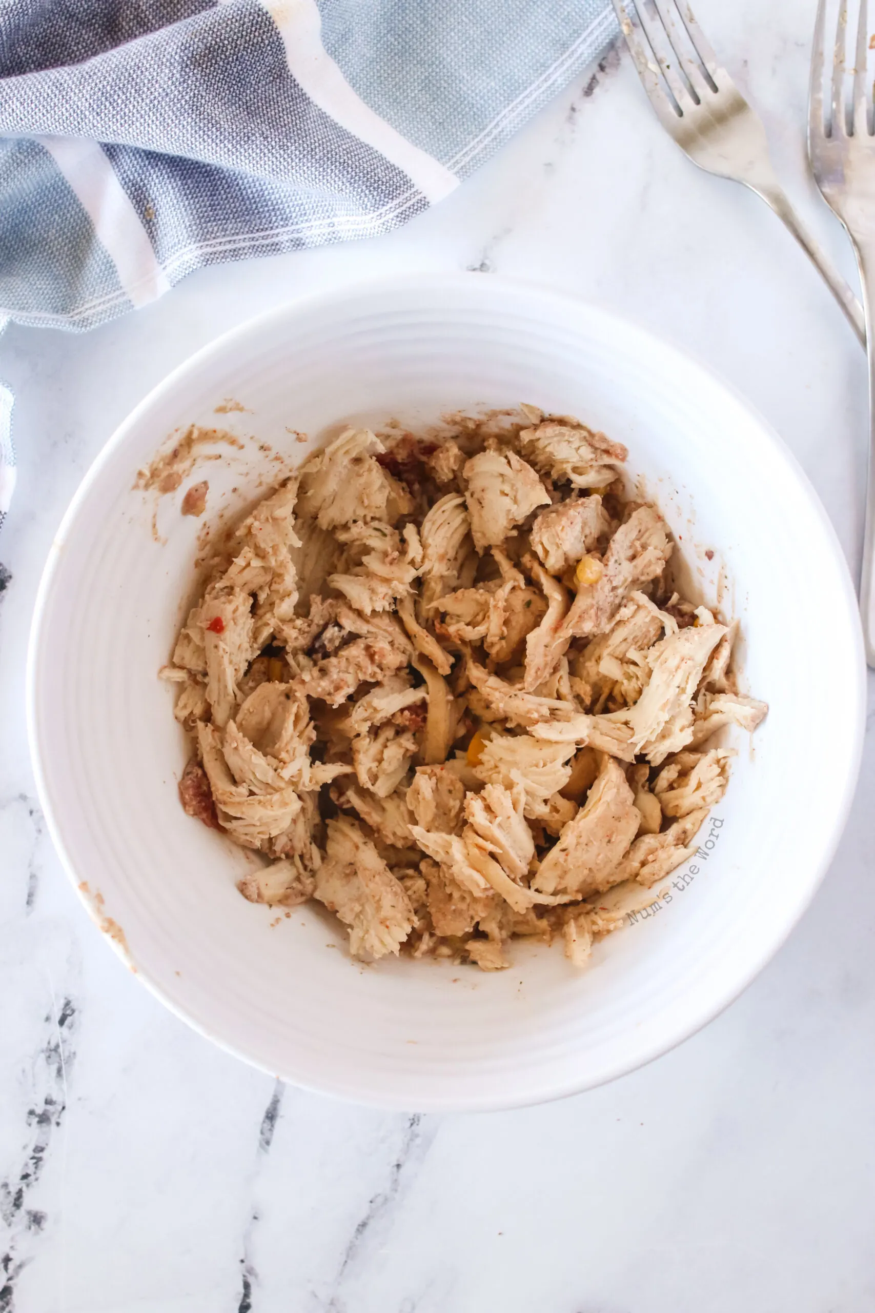 cooked chicken pulled and shredded in a bowl.