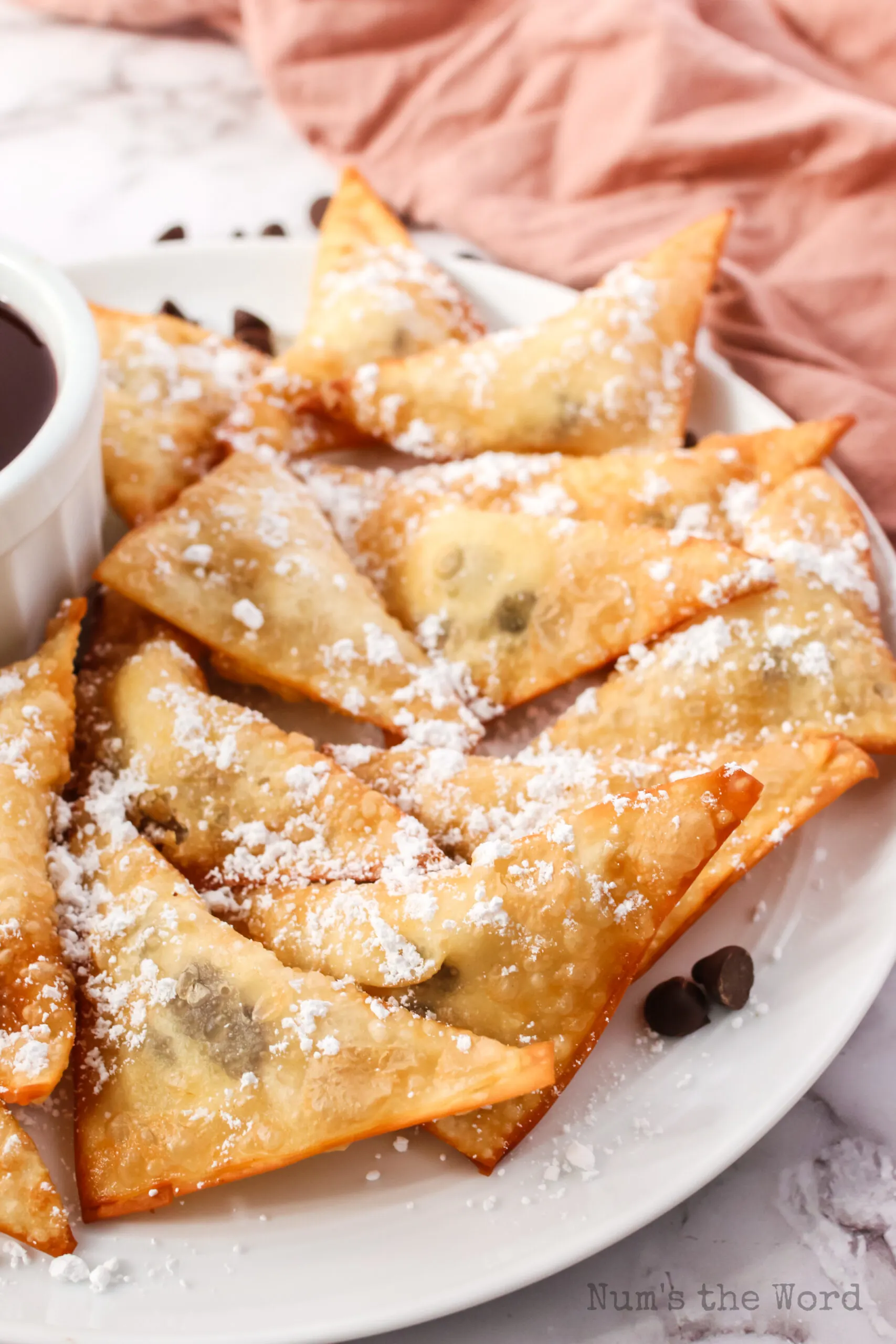 zoomed in image of dessert wontons on a plate with a sprinkling of powdered sugar