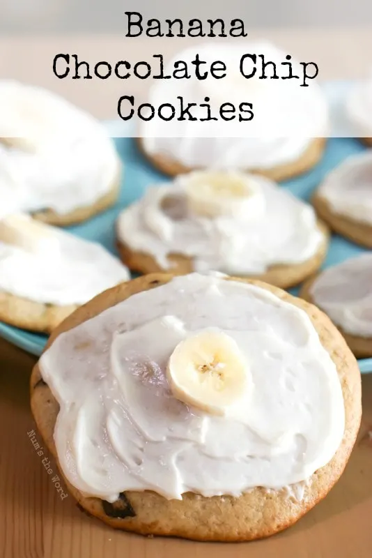 Banana Chocolate Chip Cookies - Main image for recipe. Plate of frosted cookies in background with a single cookie up front propped up on plate.