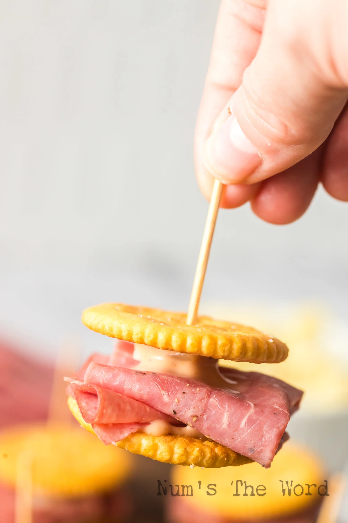 hand holding up a slider with a toothpick.