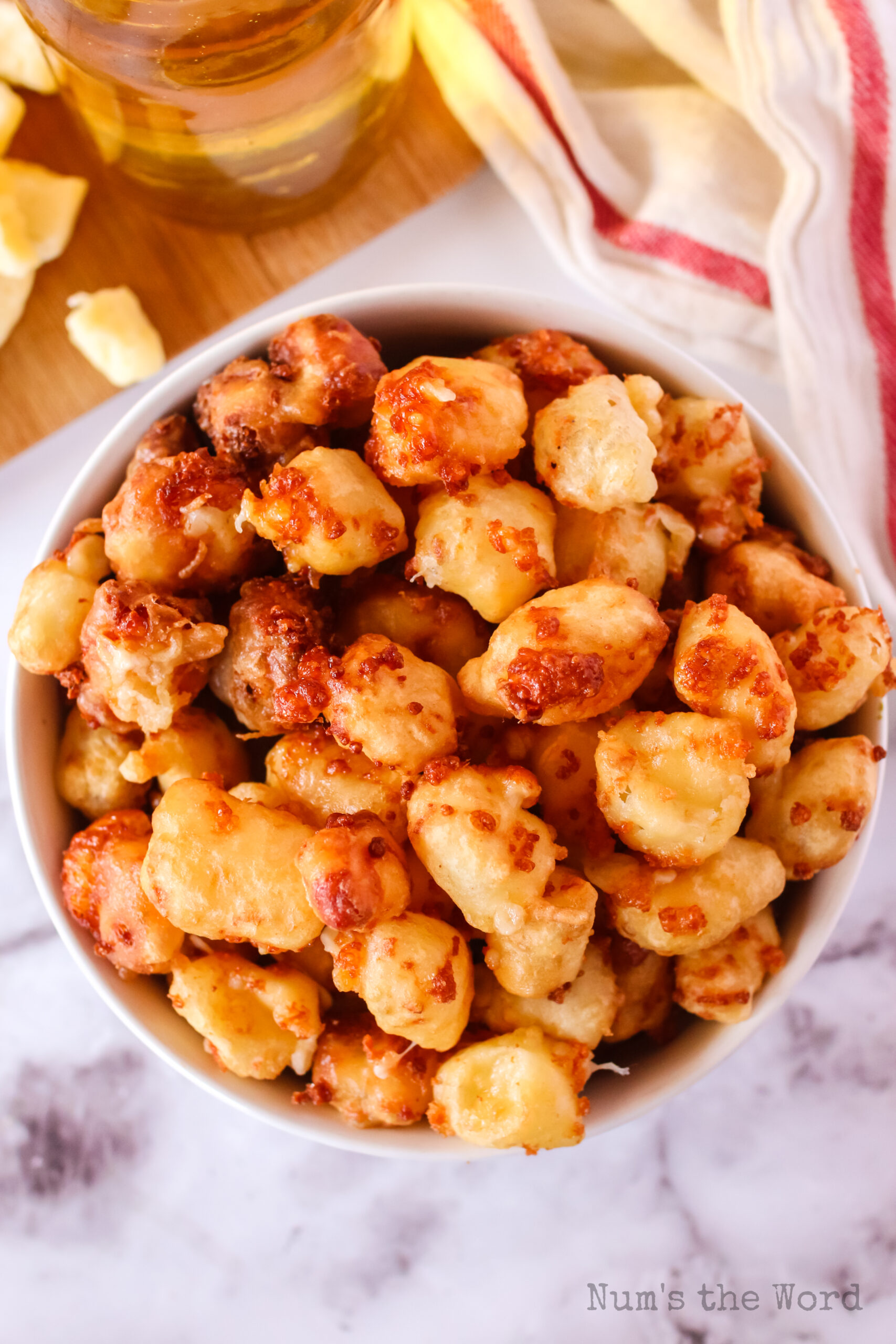 top view of cheese curds in bowl