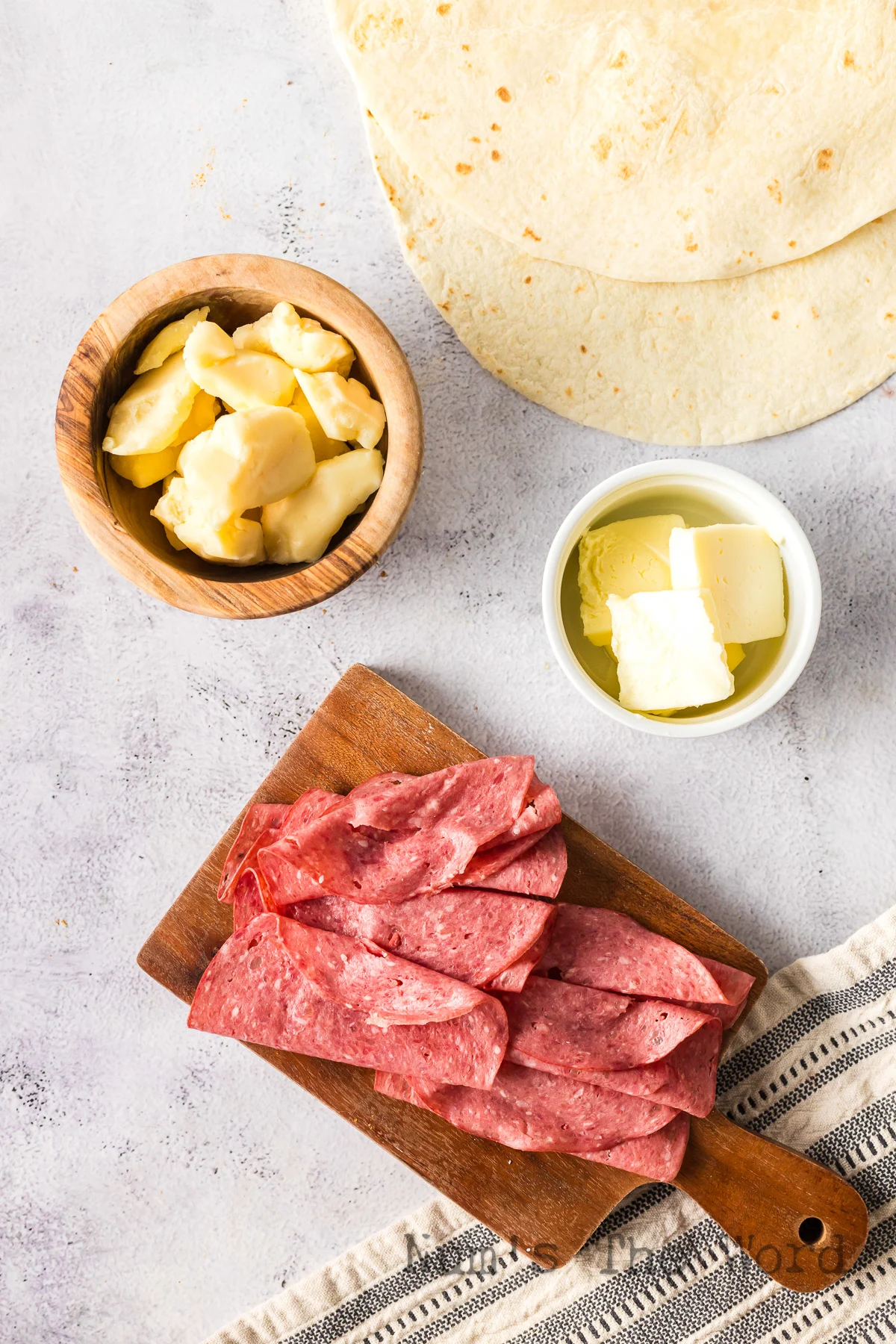 All ingredients laid out on counter for corned beef quesadilla