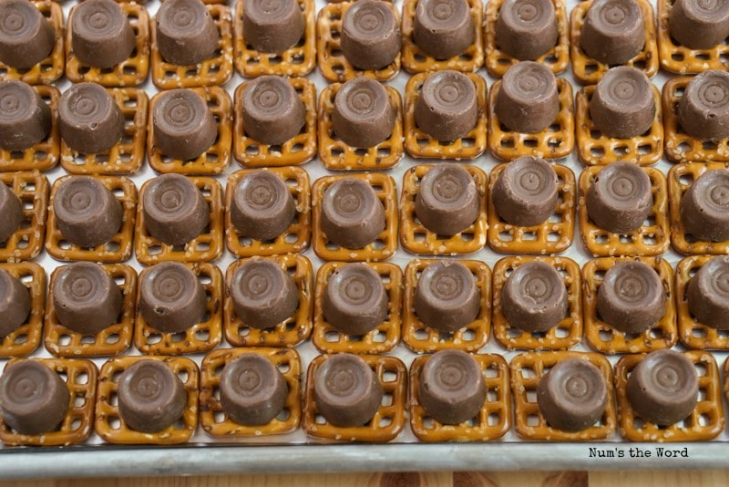 Rolo Turtle Bites - Simple Homemade Turtles - Rolos on pretzels before baked