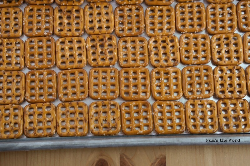 Rolo Turtle Bites - Simple Homemade Turtles - Pretzels spread on cookie sheet