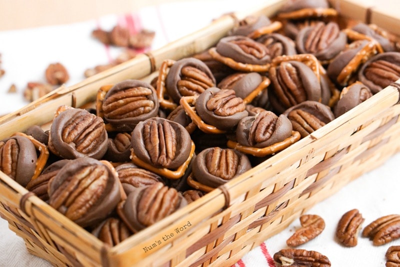 Rolo Turtle Bites - Simple Homemade Turtles in a basket zoomed out