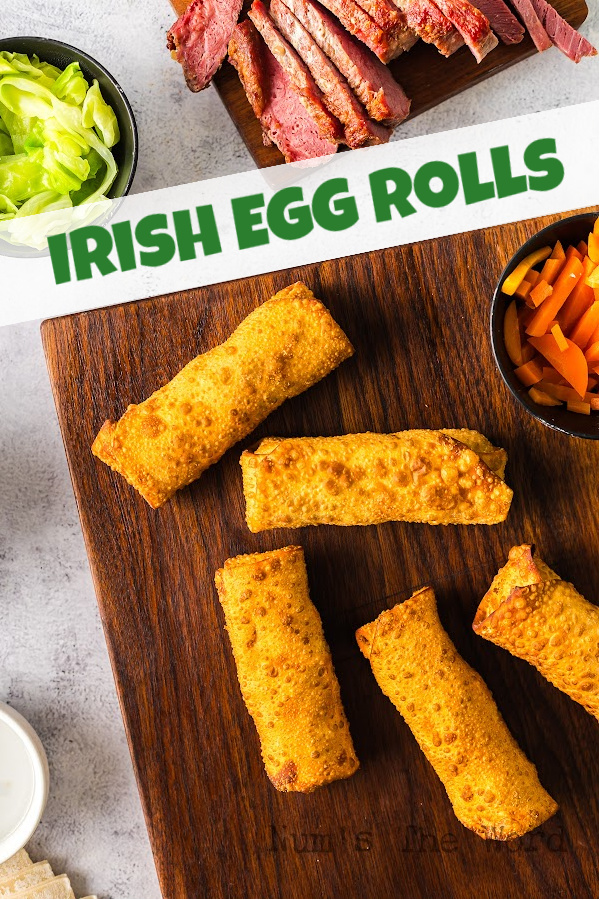 Main image for Irish Egg Rolls. Egg rolls laid out on cutting board, cooked and ready to serve.