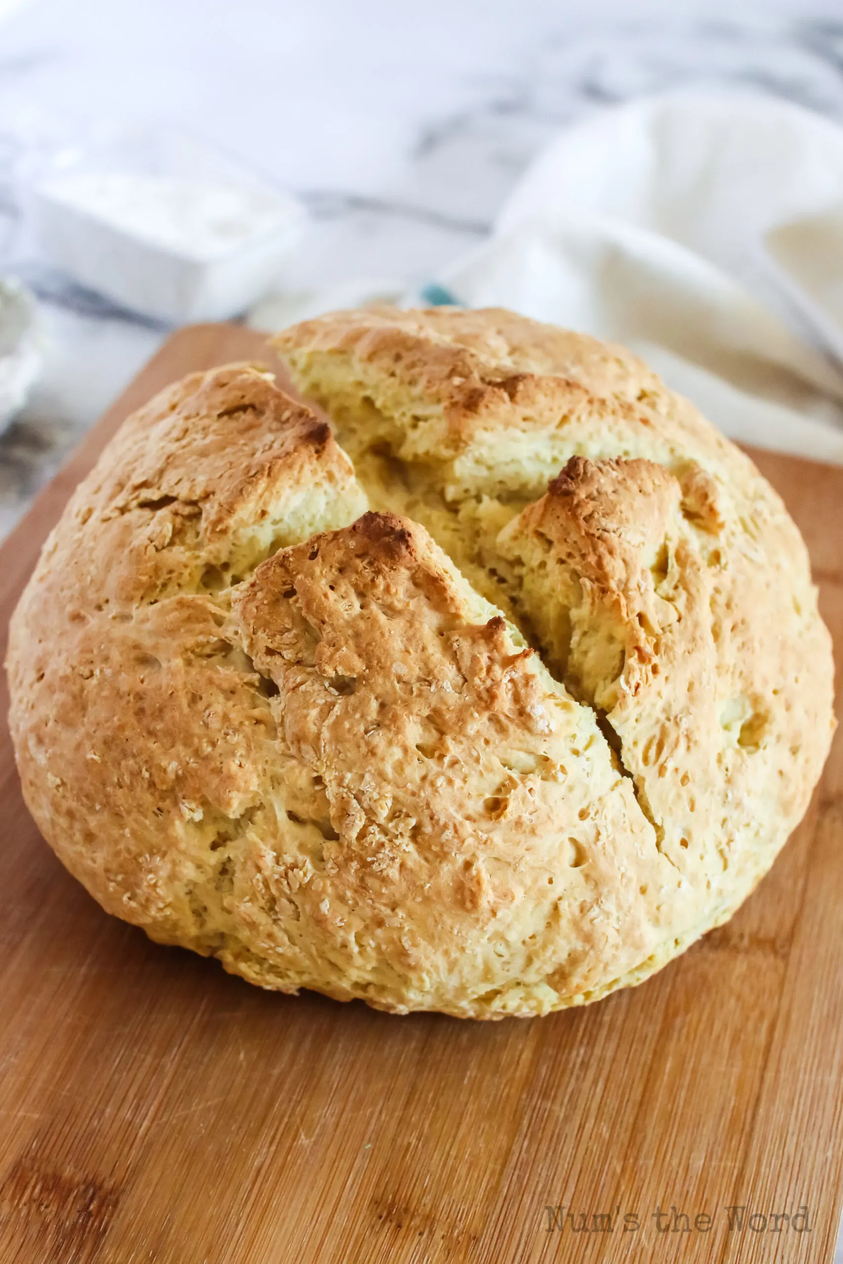 zoomed in image of soda bread. Photo taken from the side.
