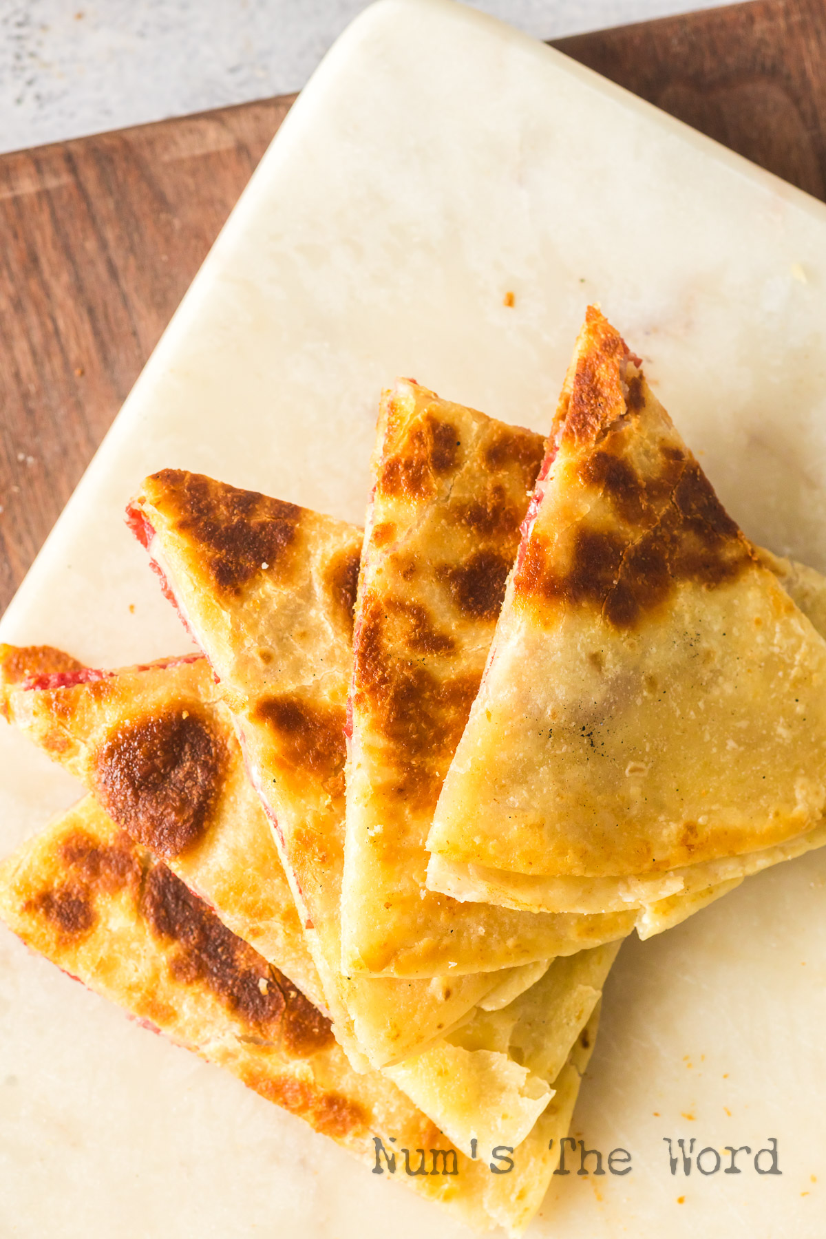 cut quesadilla cut and fanned out.