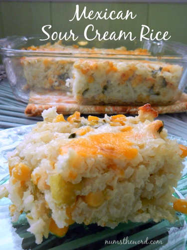 Mexican Sour Cream Rice - Main image for recipe. Casserole scooped out onto plate with rest of casserole in background