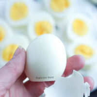 zoomed in image of a hand holding a peeled egg to show how perfect it is.