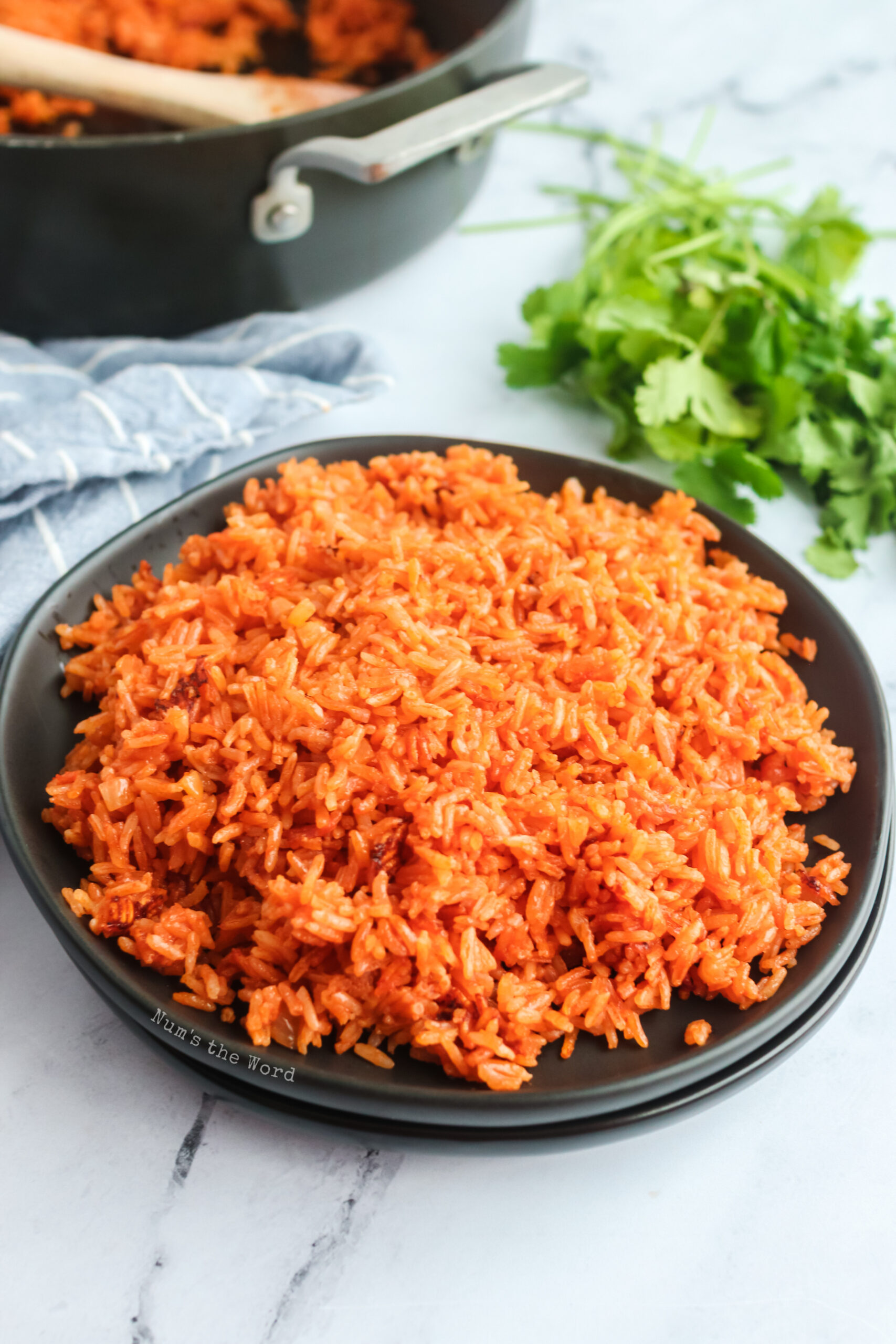 plate full of rice, top side view.