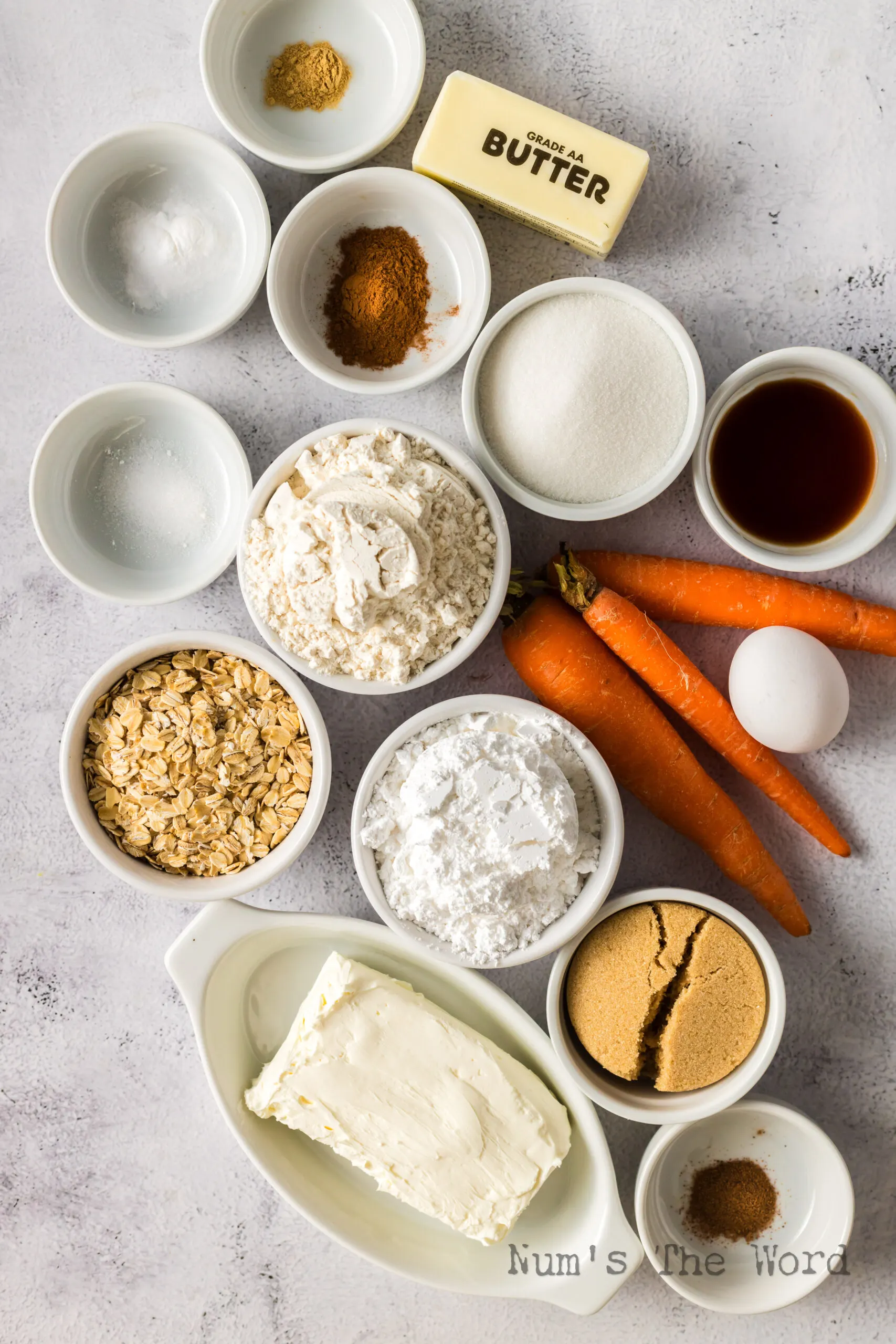 All ingredients for carrot cake whoopie pies laid out on a counter