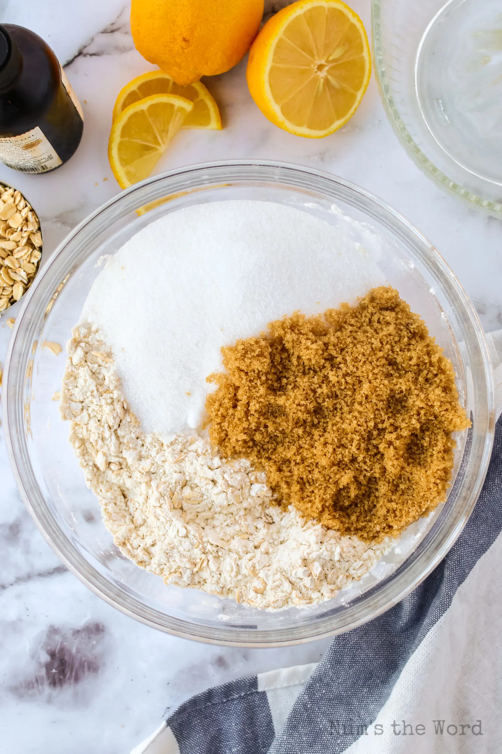 brown sugar and white sugar added to oat mixture