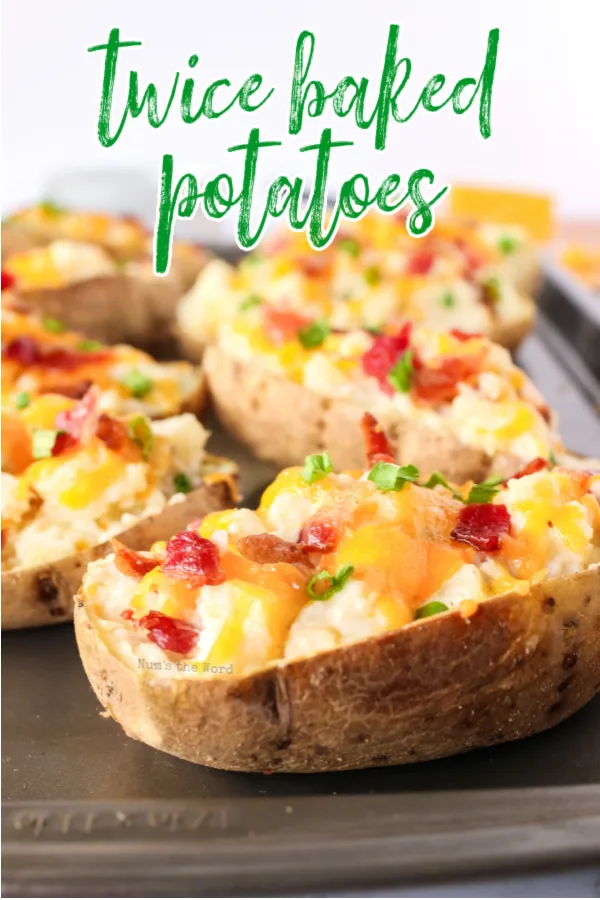 Main image for recipe of twice baked potatoes on a cookie sheet.