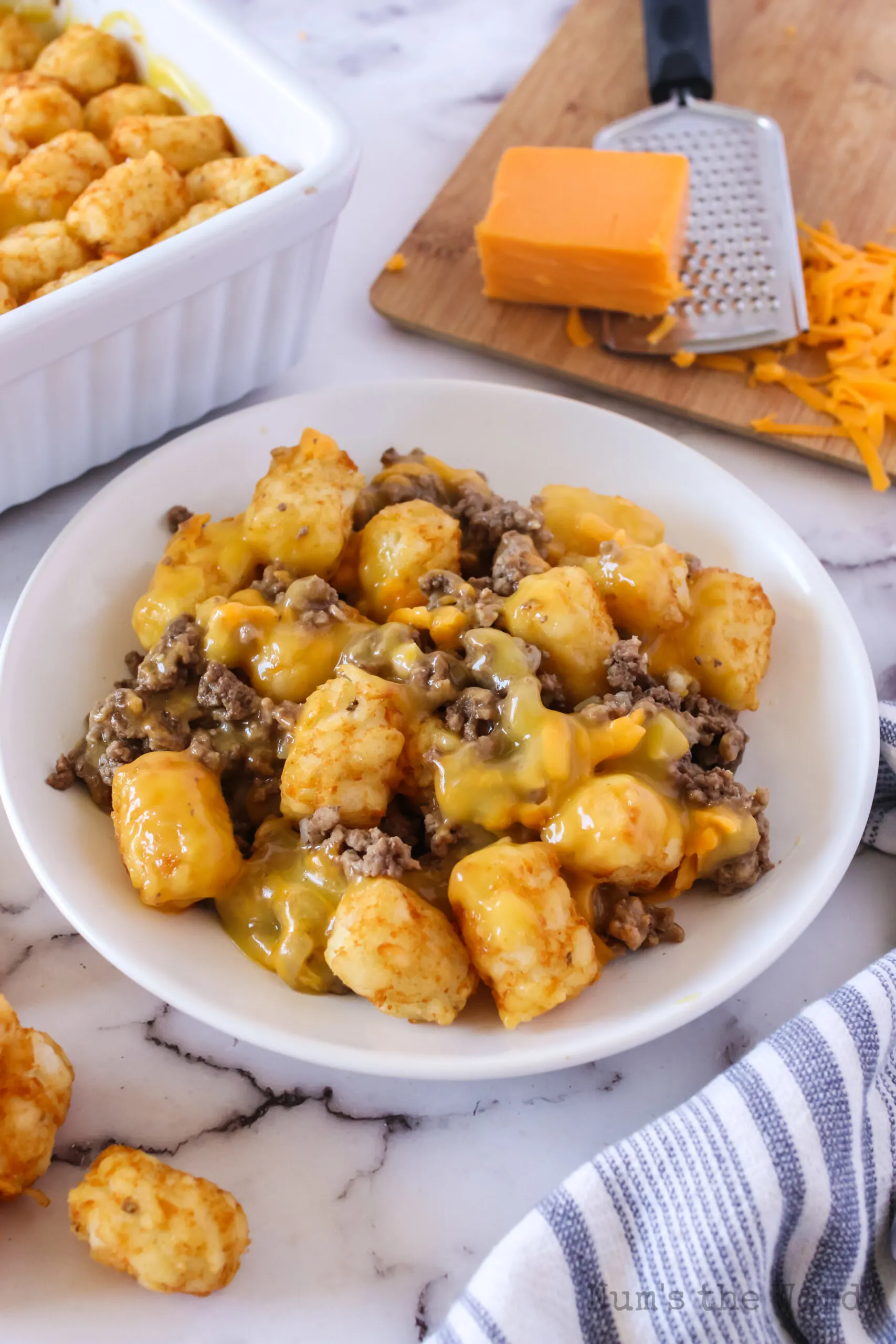 side view of tater tot hot dish on plate