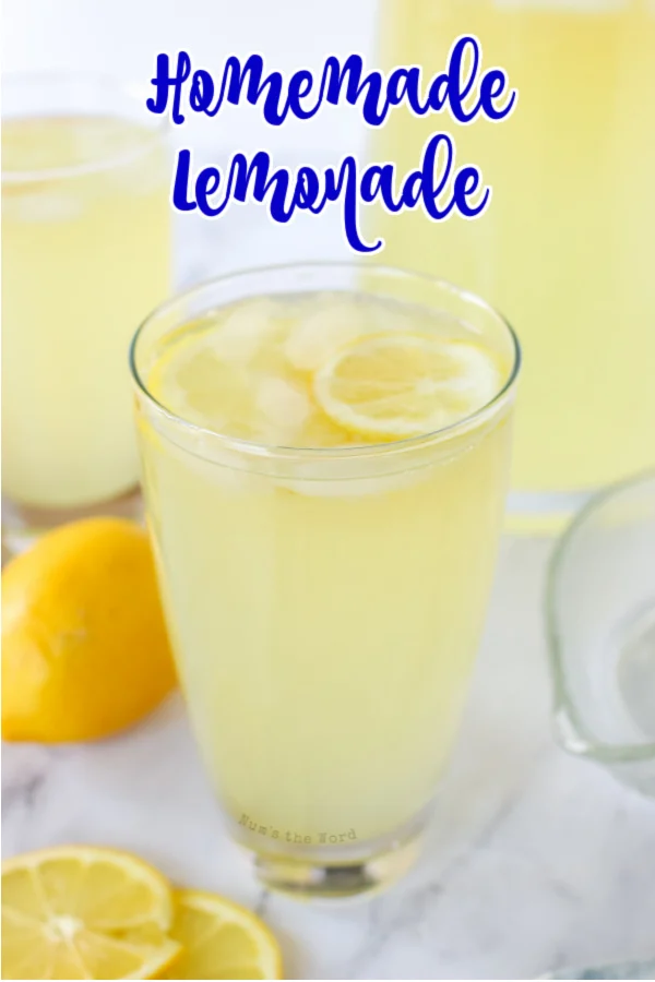 Main image for recipe of a glass of lemonade with pitcher of lemonade in background.