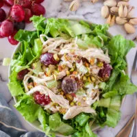 top view looking down at chicken salad with grapes and pistachios