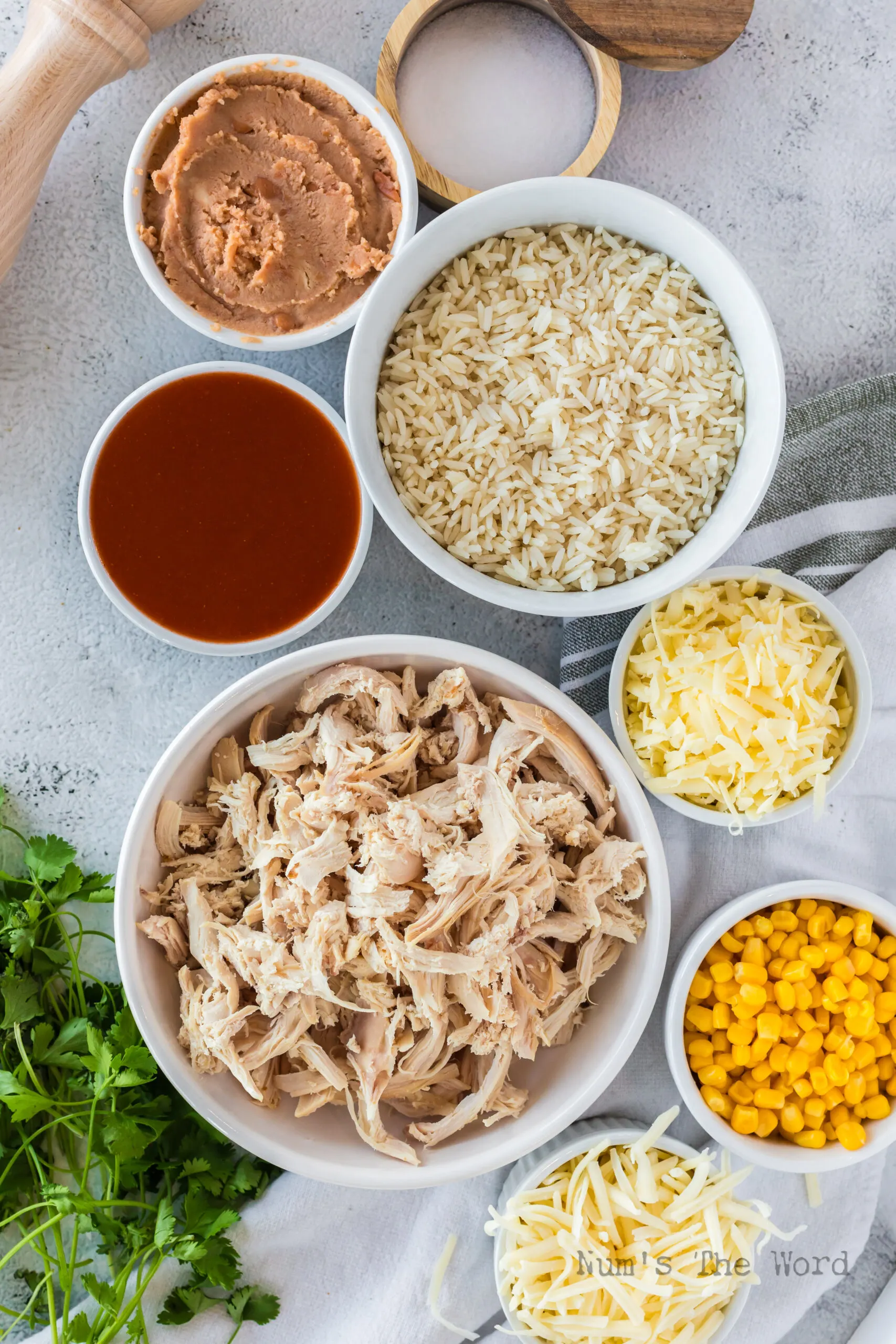 All ingredients for casserole laid out on counter.