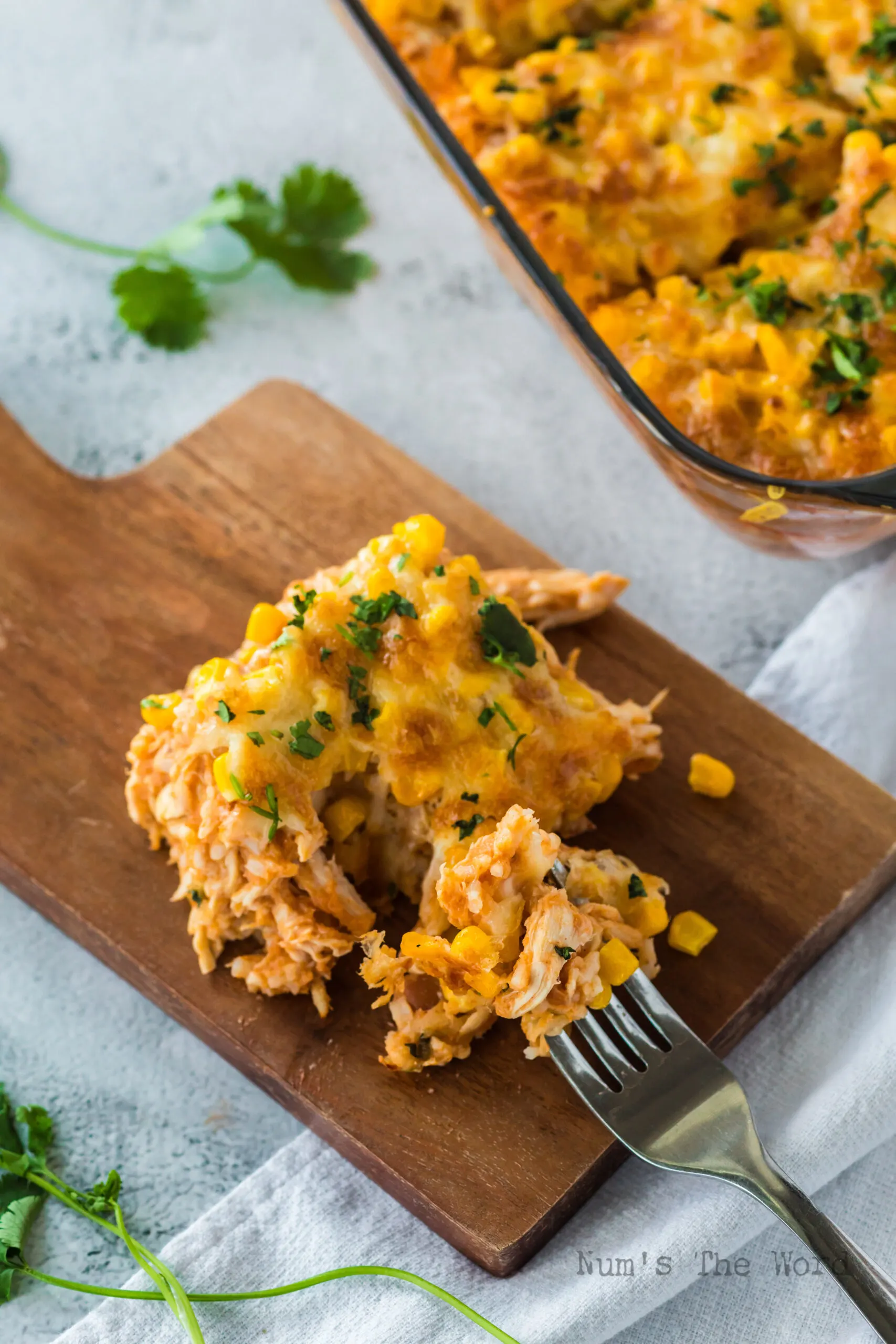 A portion of casserole on serving board ready to eat