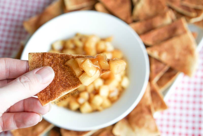 Apple Pie Dip - top view of apple pie dip on a tortilla chip
