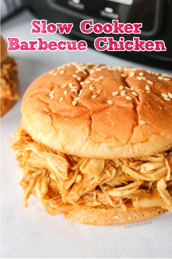 Main image for Pinterest of barbecue pulled chicken sandwich in front of crock pot.