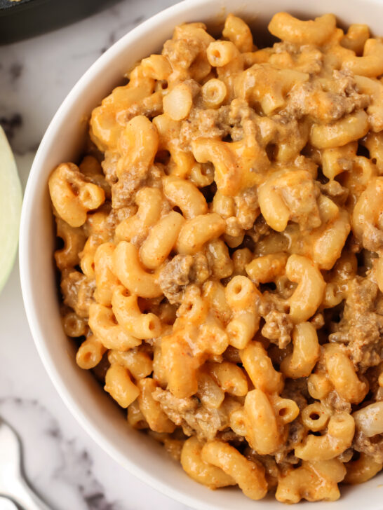 zoomed in image of cheeseburger macaroni. Photo taken from the top looking down.