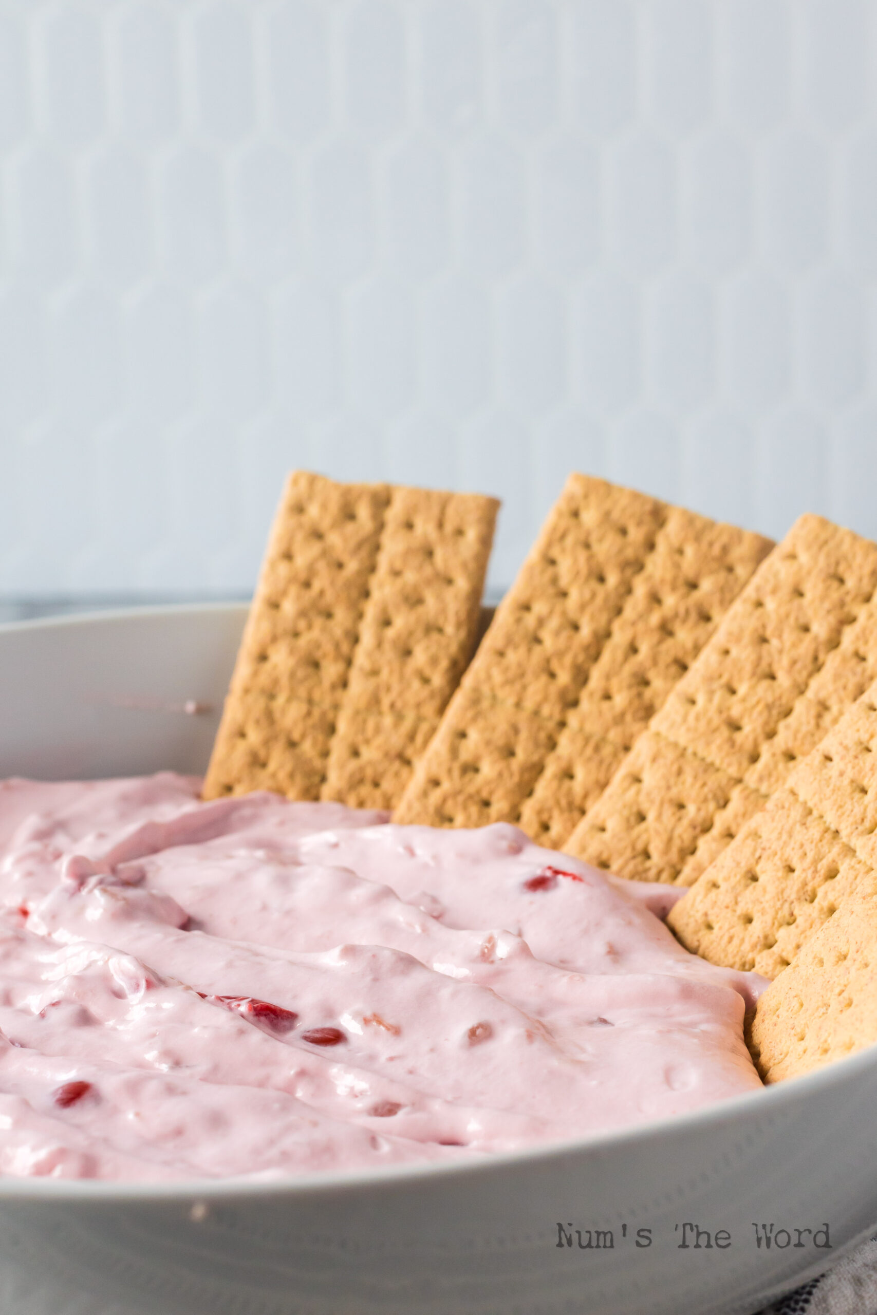 side view of cherry dip in bowl with graham cracker sticks in it.