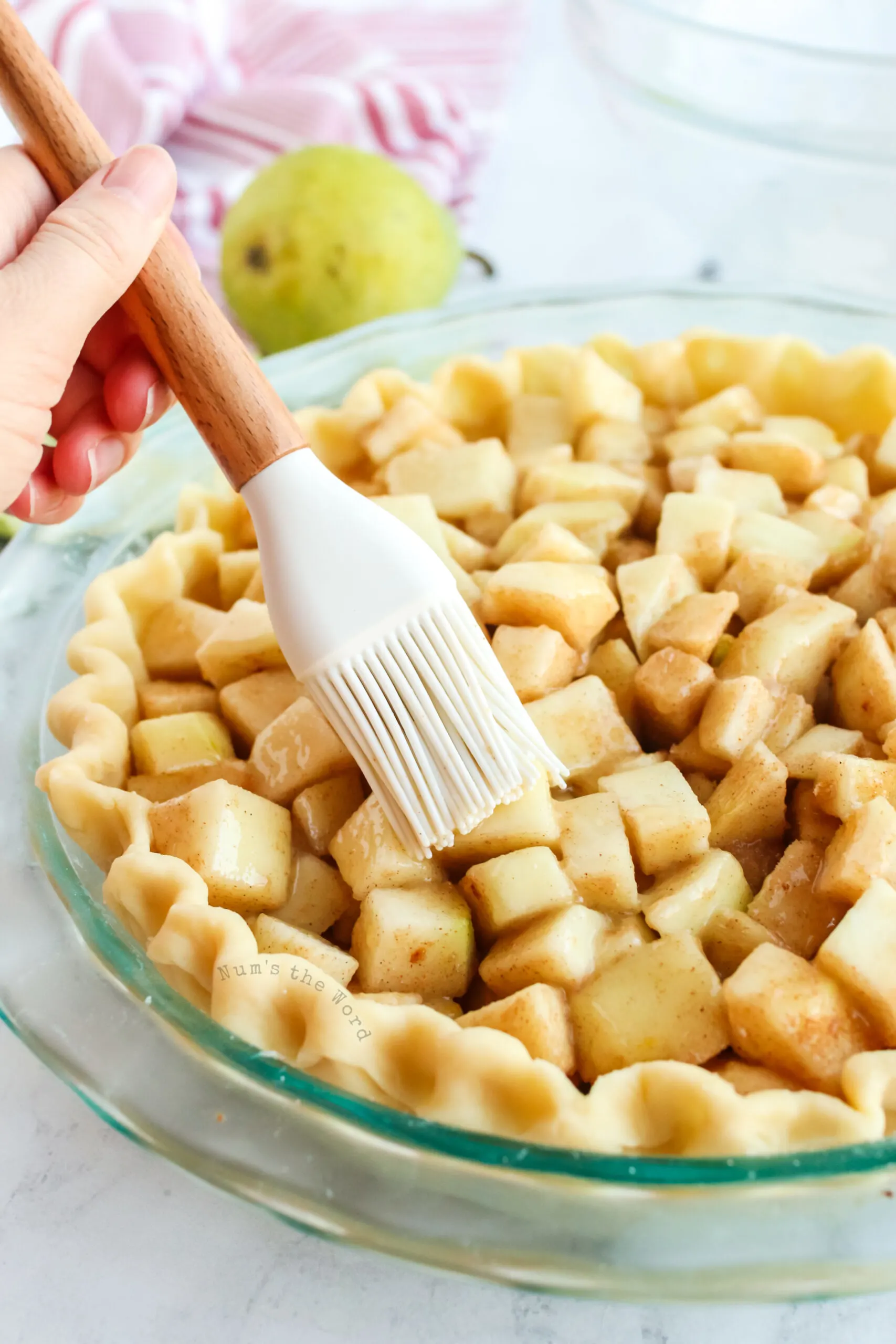 lemon juice spread over top of pears