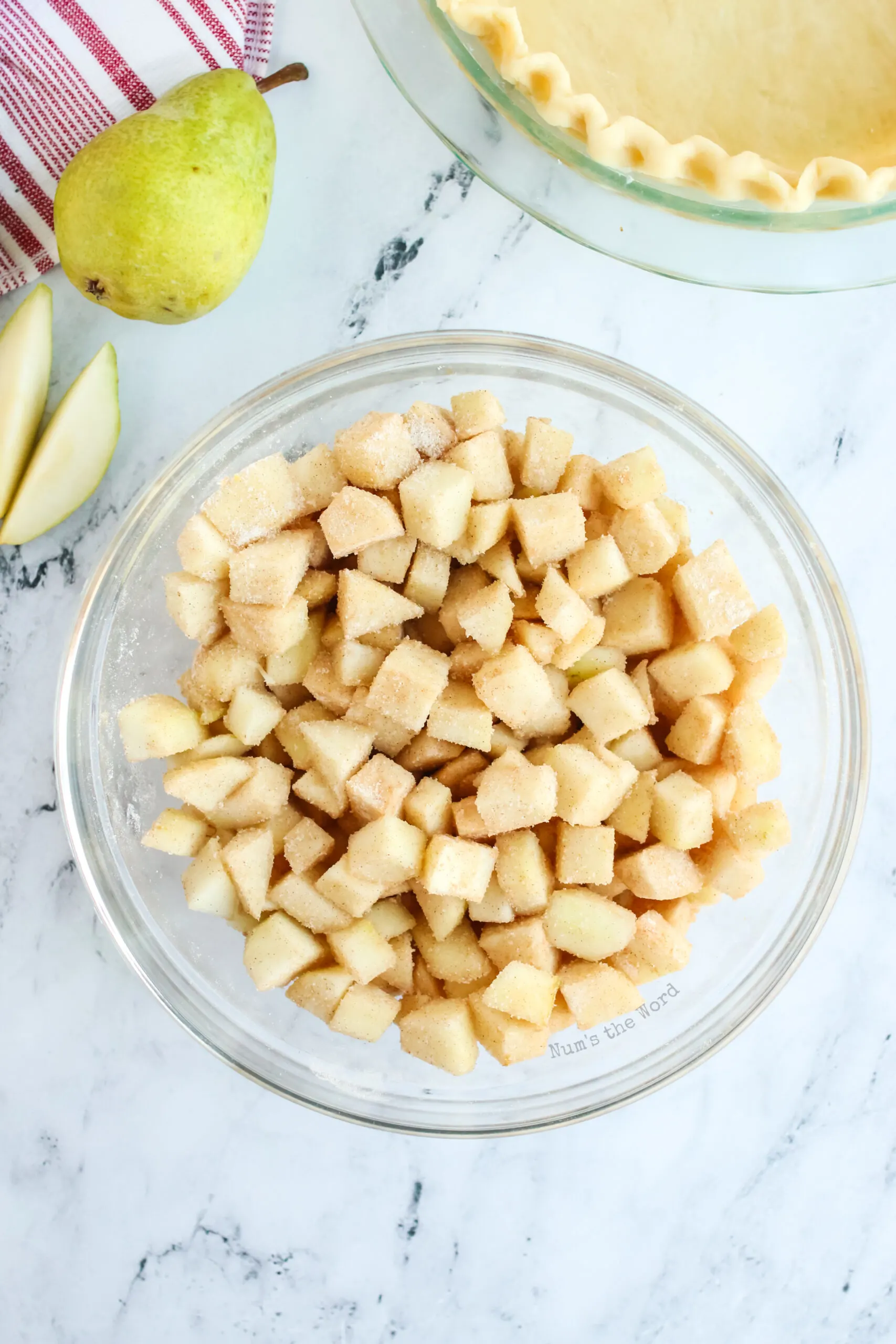 cinnamon mixture stirred into sliced pears