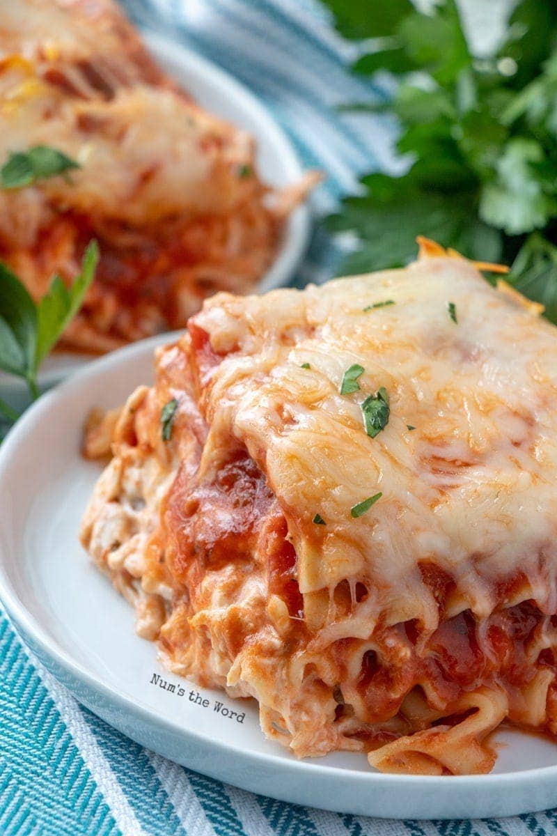 Chicken Lasagna Recipe - close up of lasagna on plate
