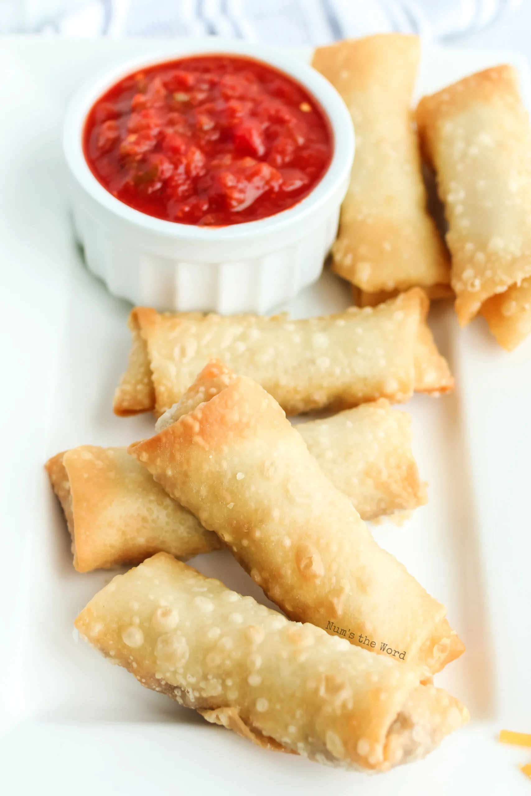 6 taco egg rolls on a plate with a bowl of salsa