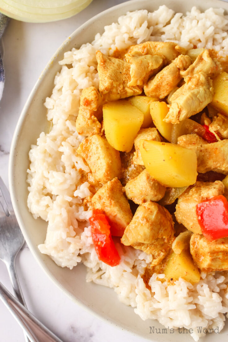 zoomed in image of yellow chicken curry over rice