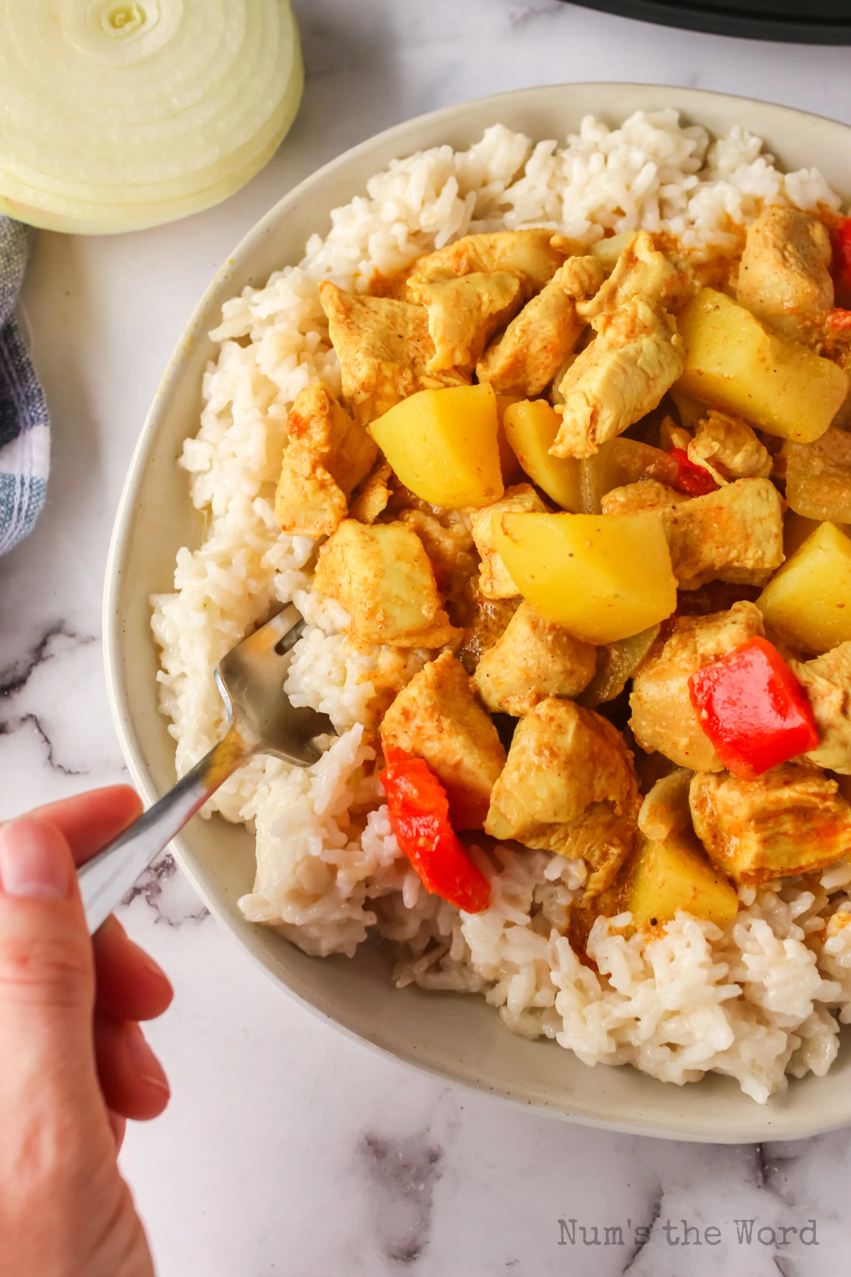 zoomed in image of yellow curry over coconut rice with a fork scooping a portion over.
