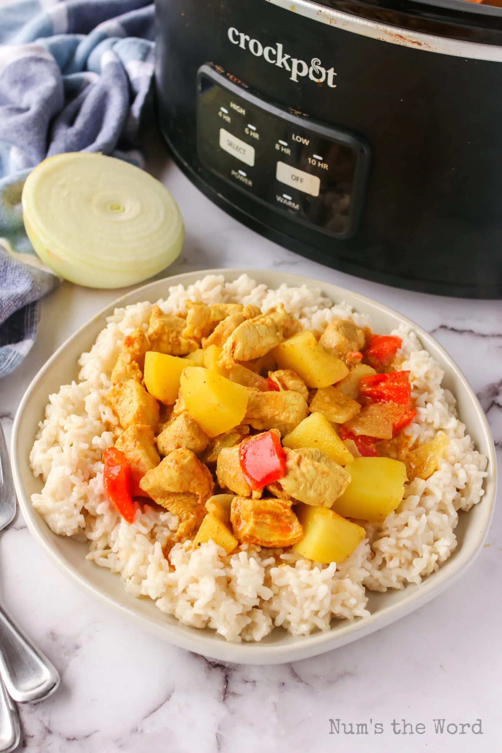 plate of coconut rice with yellow curry on top and slow cooker in the background