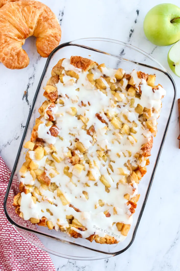 Casserole fresh from oven with icing drizzled over the top, ready to eat!