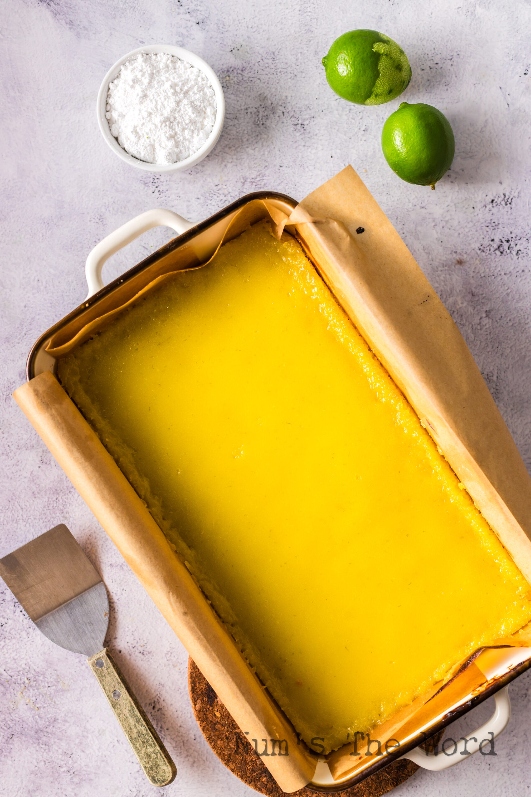 fresh baked lime bars in pan.