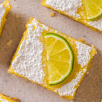 zoomed in image of lime curd bars cut and ready to serve.