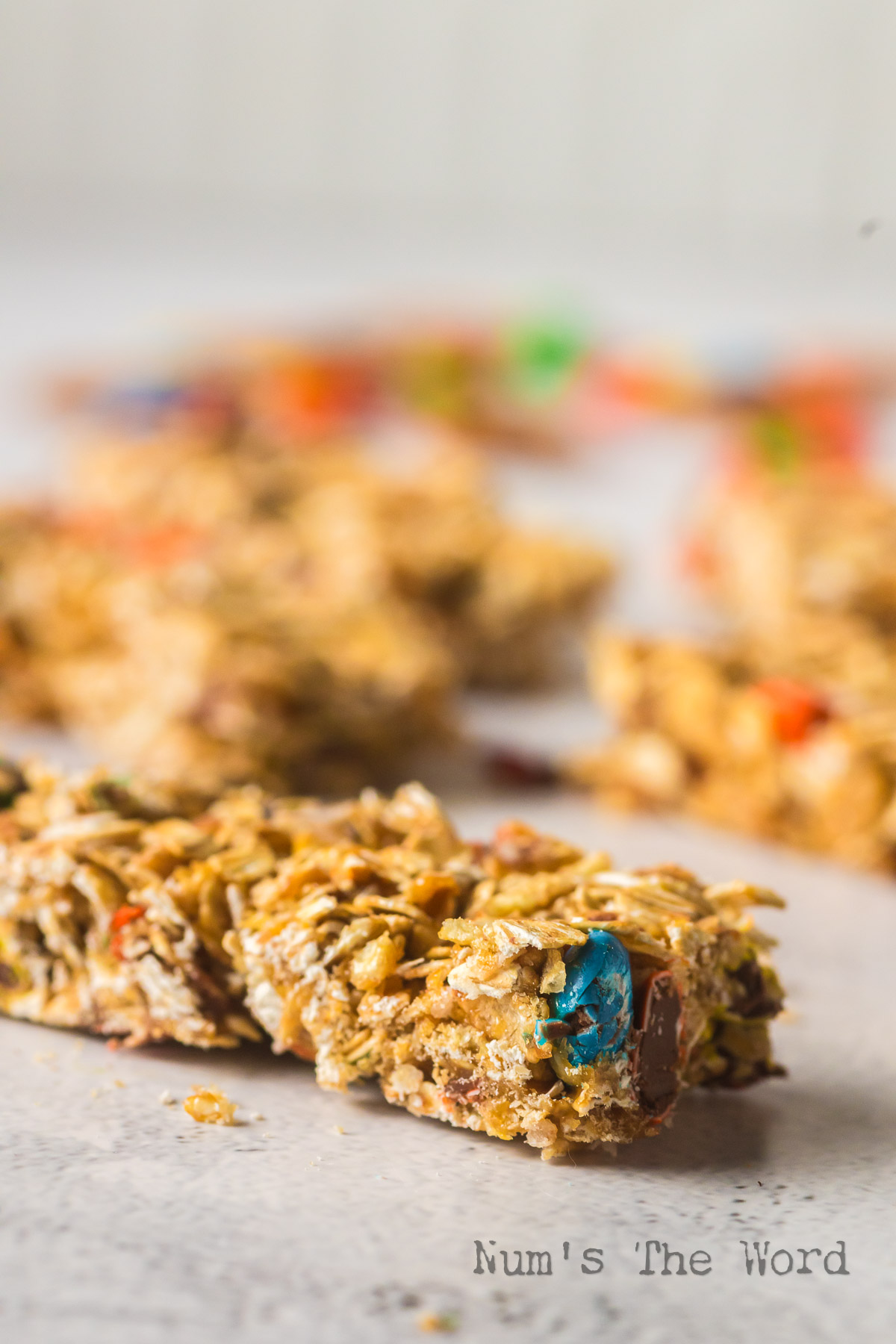 side view of granola bars laid out on counter