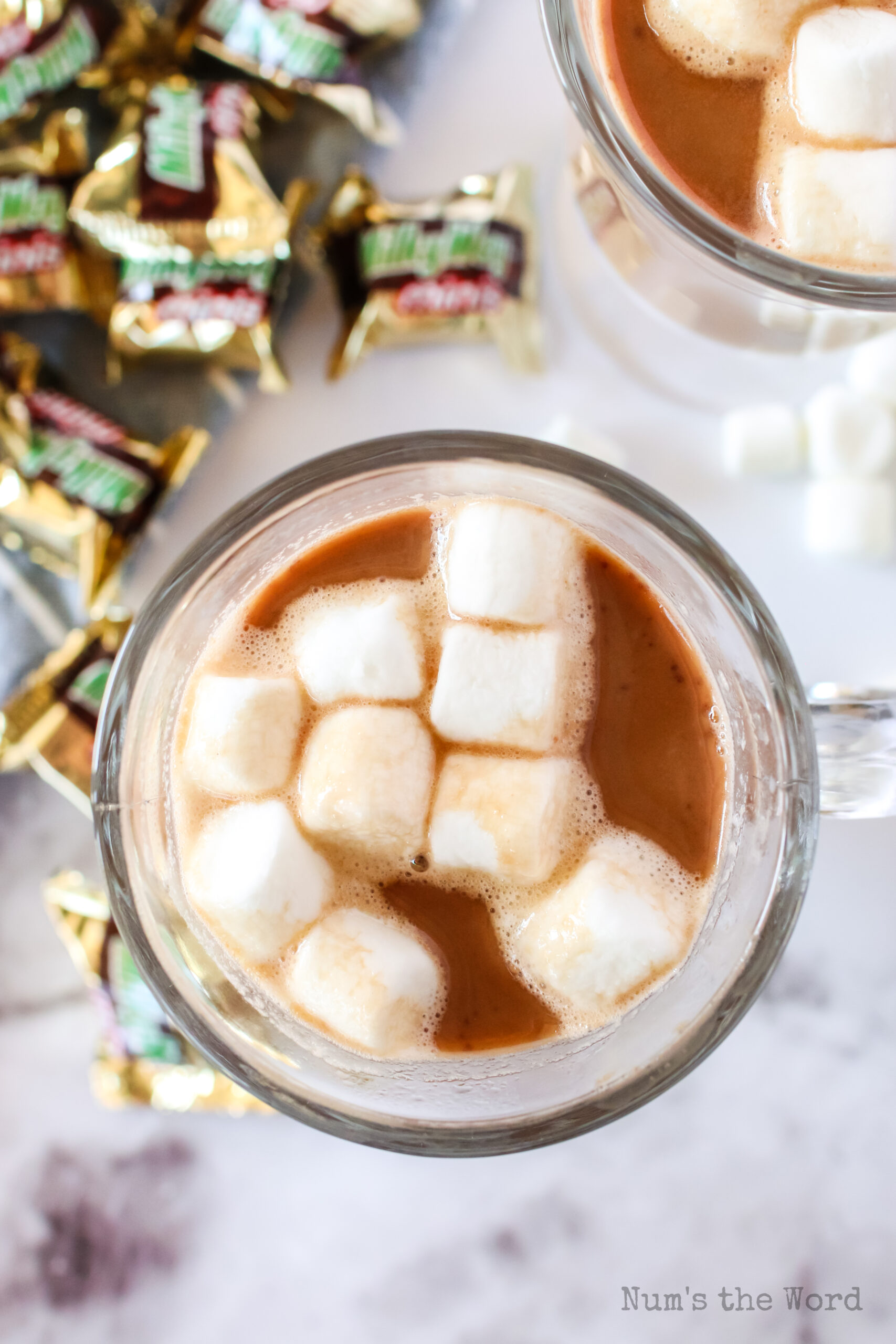 top view looking down of hot chocolate with marshmallows