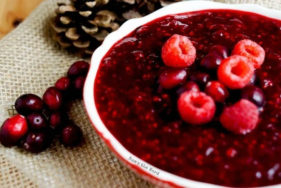 Raspberry Cranberry Sauce - sauce in a bowl with pine cones all around