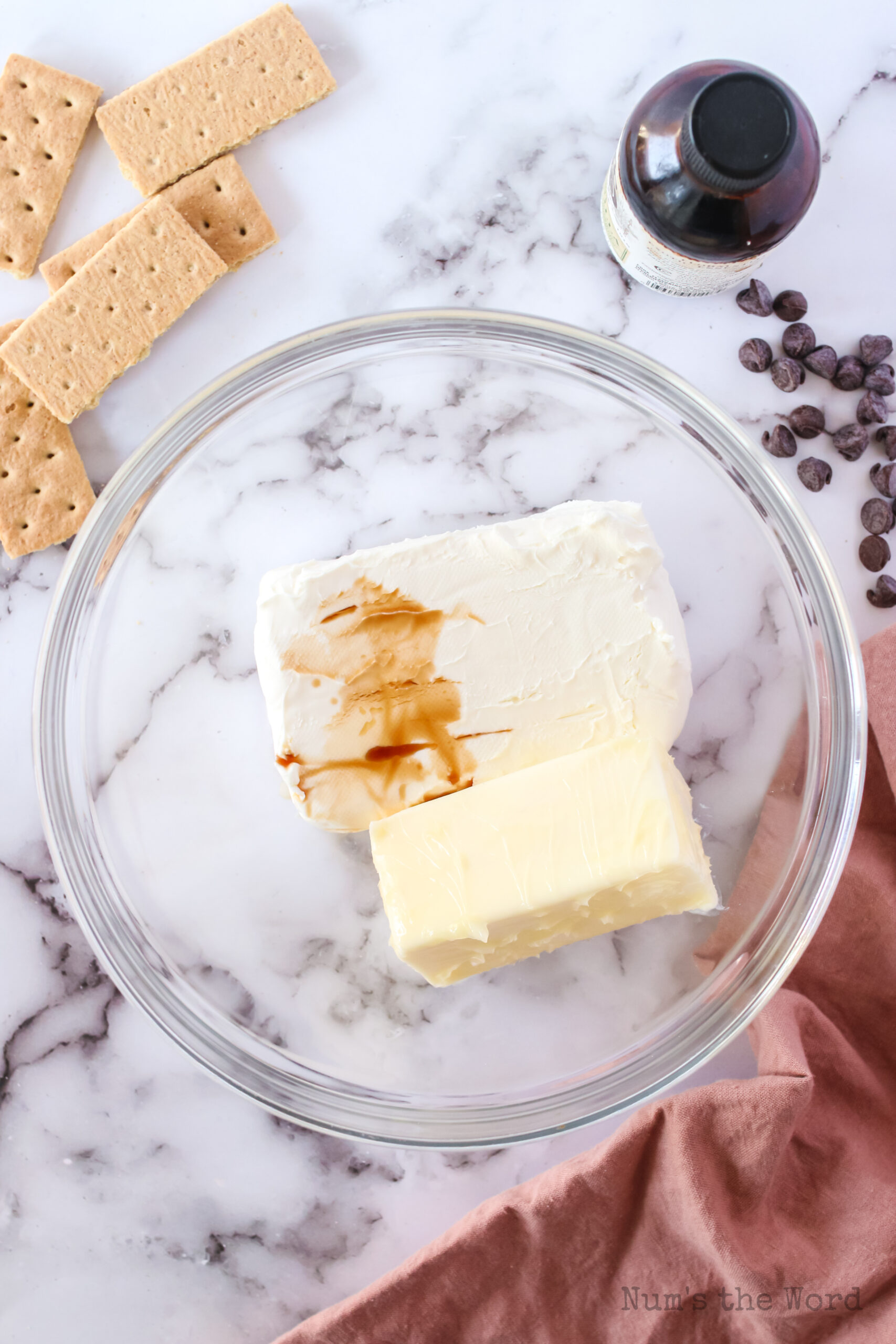 cream cheese, butter and vanilla in a bowl