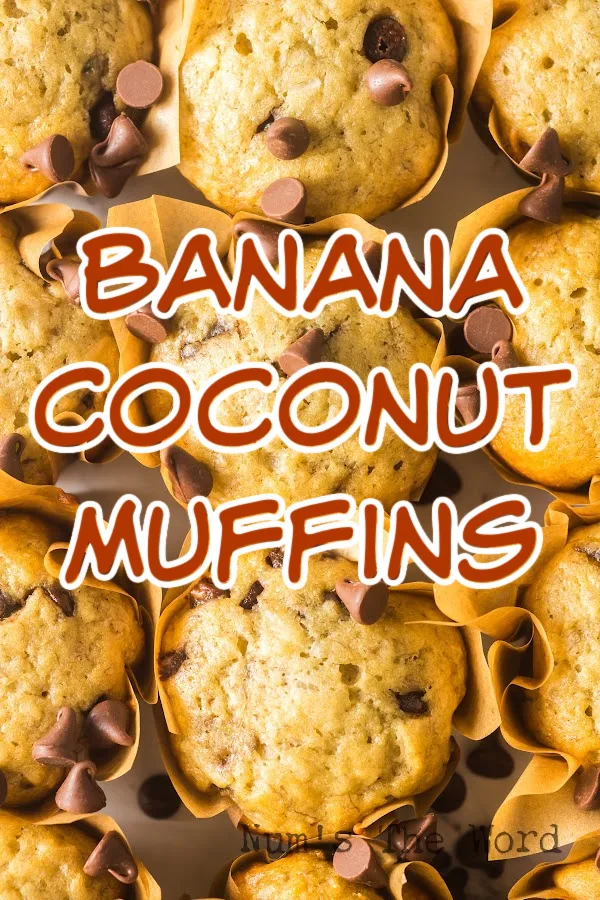 Main image for Banana Coconut Muffins. Muffins lined up on counter and photo is super zoomed in.