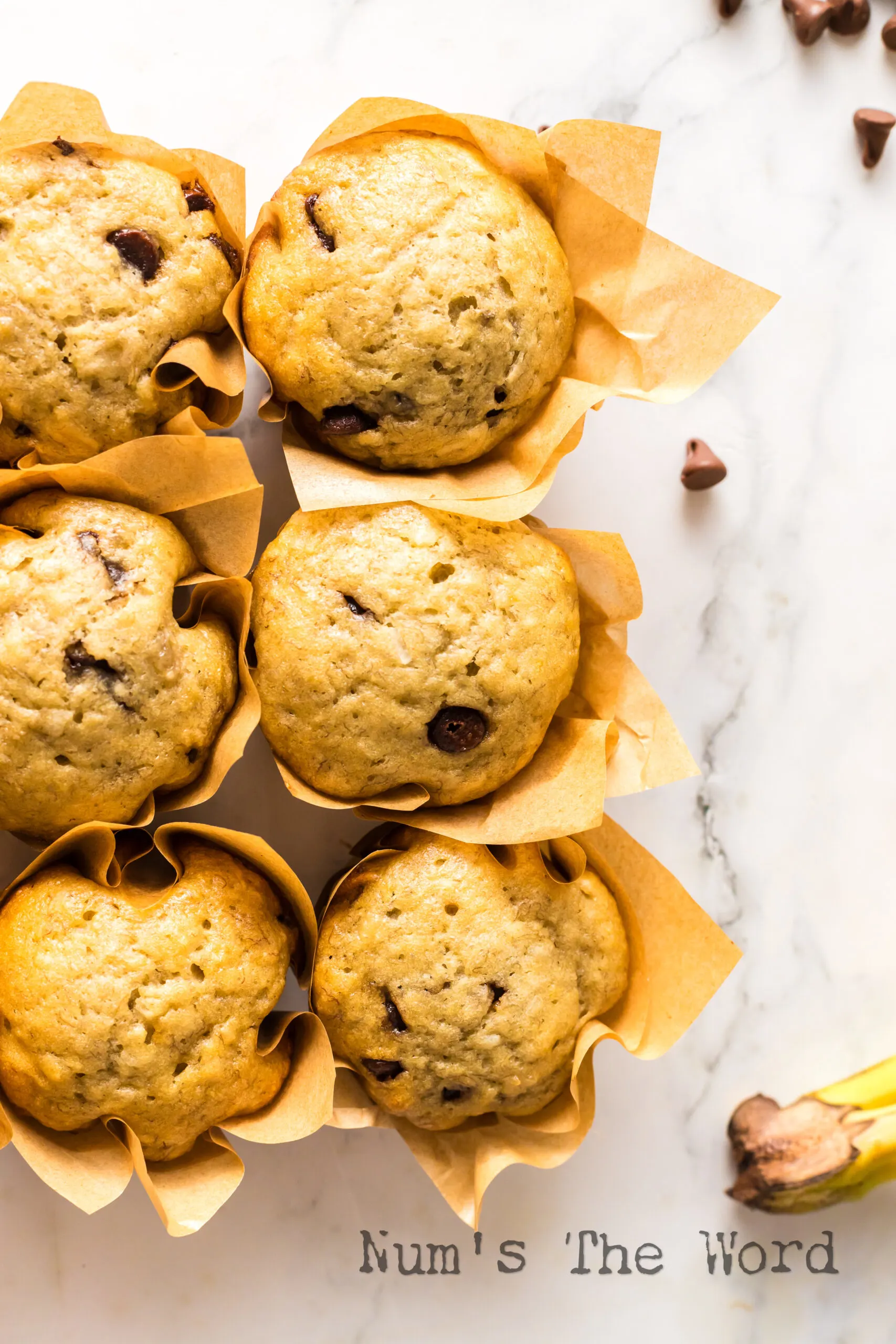 6 muffins in liners on counter.
