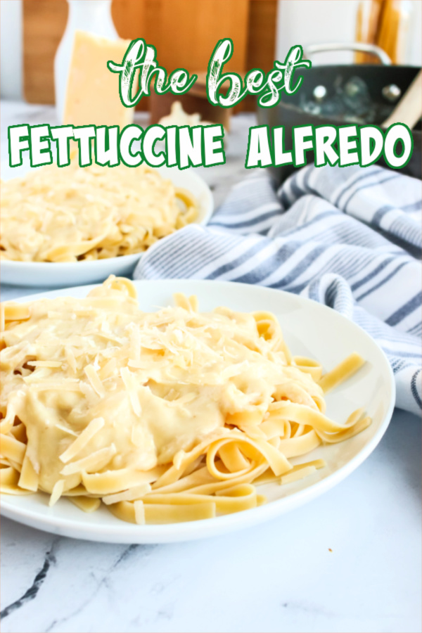 Main image for recipe of two plates of alfredo ready to be eaten.